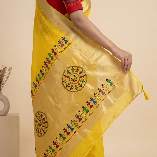 Yellow_Red_Kota_Chex_Warli_Embroidered_Zari_Border_Saree_For_Women
