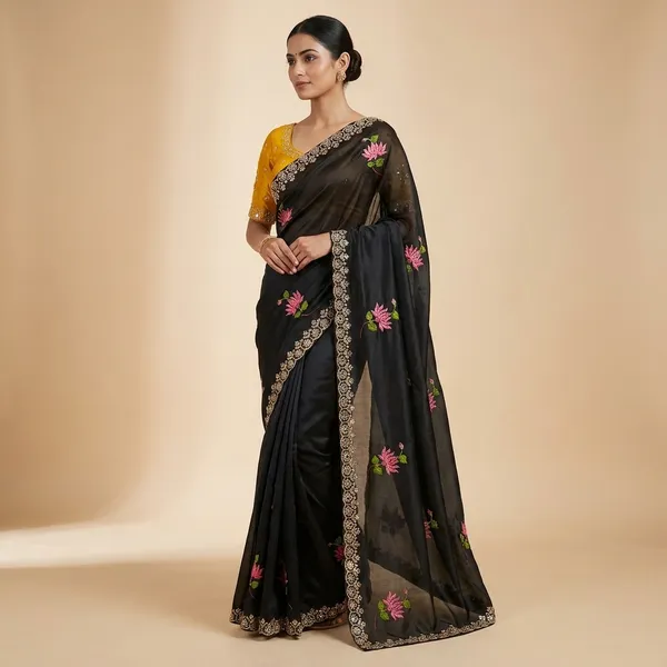 Black_Yellow_Rangoli_Silk_Floral_Butta_Mirror_Embroidered_Saree_For_Women