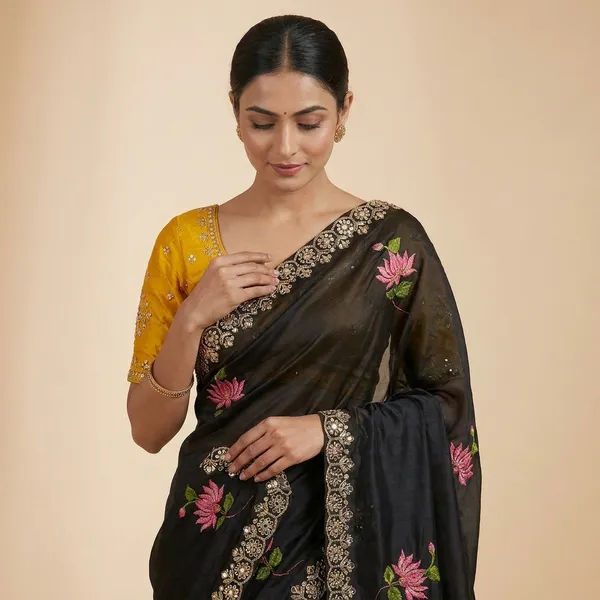Black_Yellow_Rangoli_Silk_Floral_Butta_Mirror_Embroidered_Saree_For_Women