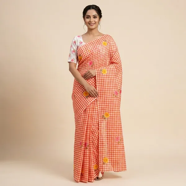 Orange_White_Linen_Cotton_Digital_Print_Tassel_Pallu_Saree_For_Women