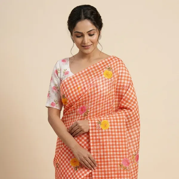 Orange_White_Linen_Cotton_Digital_Print_Tassel_Pallu_Saree_For_Women