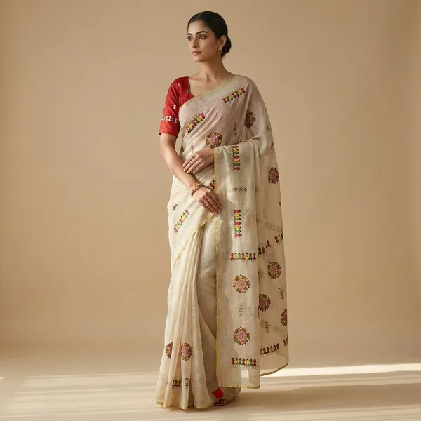 White_Red_Kota_Chex_Warli_Embroidery_Zari_Border_Saree_For_Women