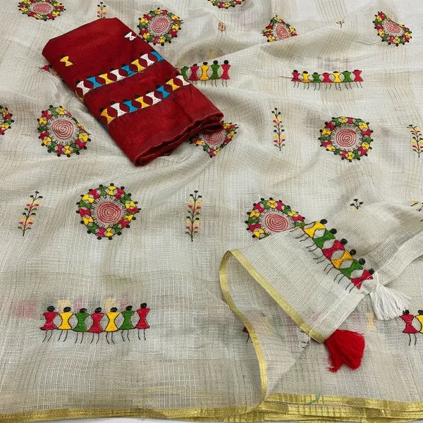 White_Red_Kota_Chex_Warli_Embroidery_Zari_Border_Saree_For_Women