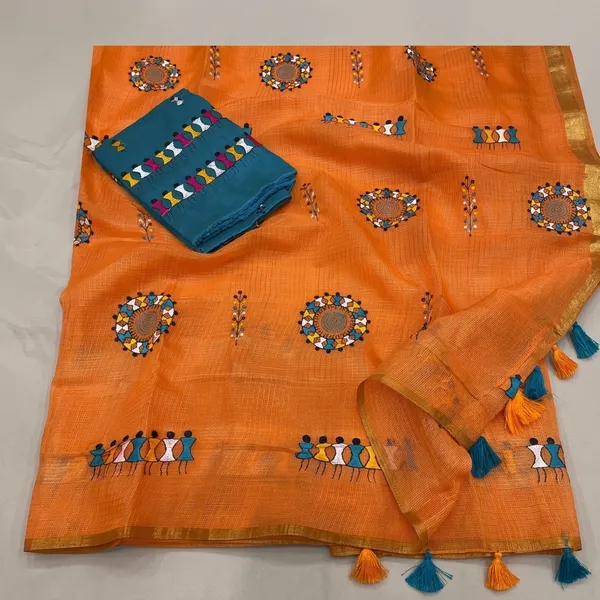 Orange_Blue_Kota_Chex_Warli_Embroidered_Zari_Border_Saree_For_Women