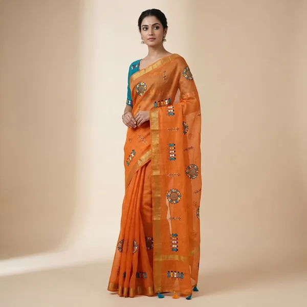 Orange_Blue_Kota_Chex_Warli_Embroidered_Zari_Border_Saree_For_Women
