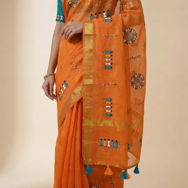Orange_Blue_Kota_Chex_Warli_Embroidered_Zari_Border_Saree_For_Women