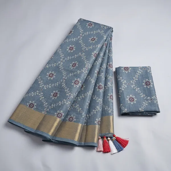 Grey_Blue_Shimmer_Kota_Slub_Bandhani_Print_Gold_Border_Saree_For_Women