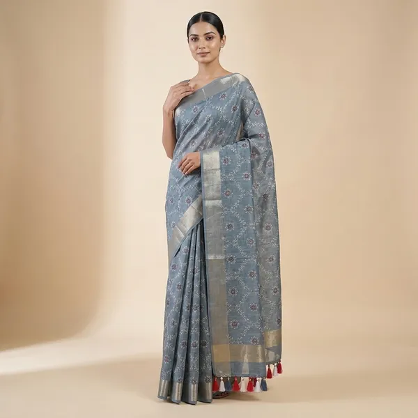 Grey_Blue_Shimmer_Kota_Slub_Bandhani_Print_Gold_Border_Saree_For_Women