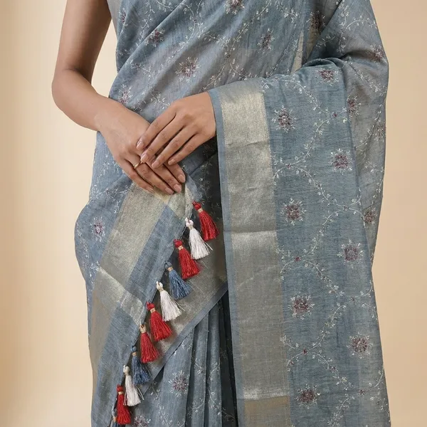 Grey_Blue_Shimmer_Kota_Slub_Bandhani_Print_Gold_Border_Saree_For_Women