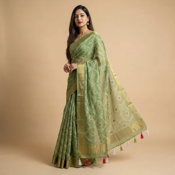 Green_Shimmer_Kota_Slub_Bandhani_Print_Gold_Border_Saree_For_Women