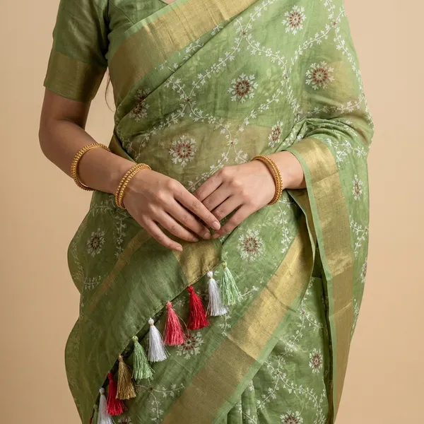Green_Shimmer_Kota_Slub_Bandhani_Print_Gold_Border_Saree_For_Women