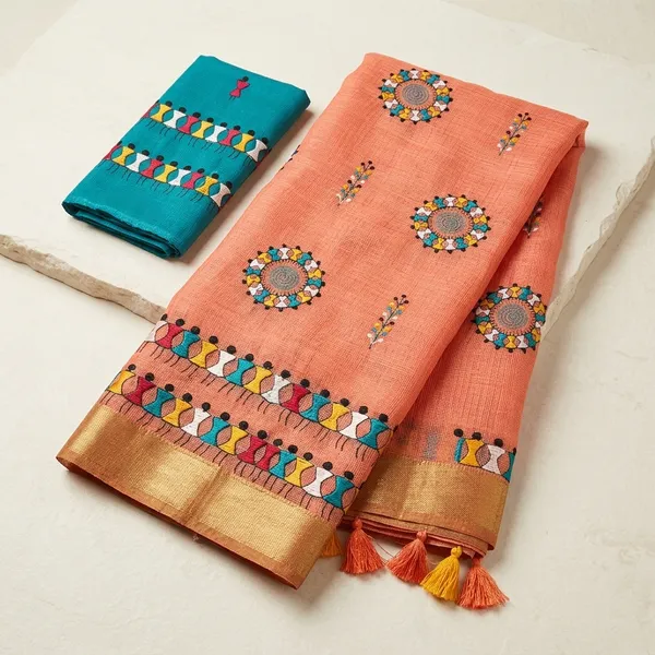 Bright_Orange_Blue_Kota_Chex_Warli_Embroidered_Zari_Border_Saree_For_Women