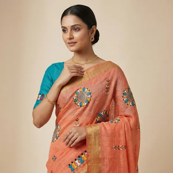 Bright_Orange_Blue_Kota_Chex_Warli_Embroidered_Zari_Border_Saree_For_Women