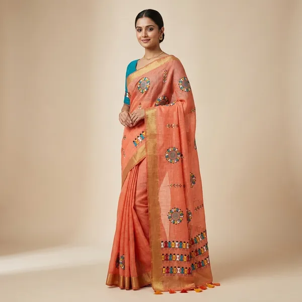 Bright_Orange_Blue_Kota_Chex_Warli_Embroidered_Zari_Border_Saree_For_Women