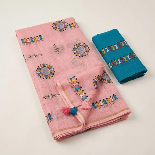 Pink_Blue_Kota_Chex_Warli_Embroidery_Zari_Border_Saree_For_Women