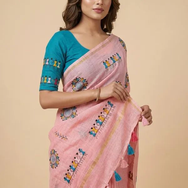 Pink_Blue_Kota_Chex_Warli_Embroidery_Zari_Border_Saree_For_Women