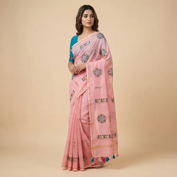 Pink_Blue_Kota_Chex_Warli_Embroidery_Zari_Border_Saree_For_Women