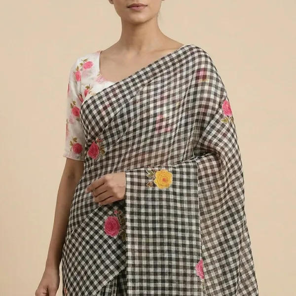 Black_White_Linen_Cotton_Digital_Print_Tassel_Pallu_Saree_For_Women
