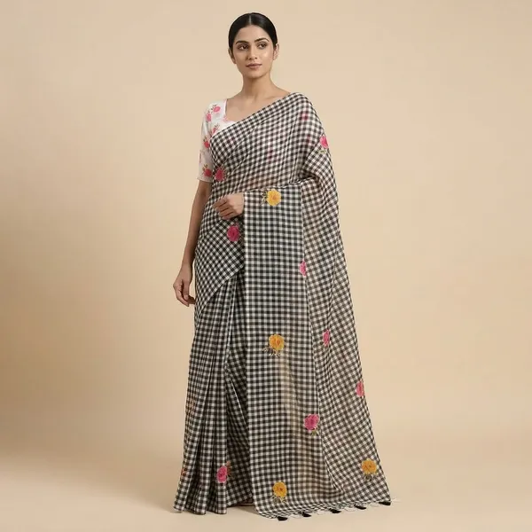 Black_White_Linen_Cotton_Digital_Print_Tassel_Pallu_Saree_For_Women