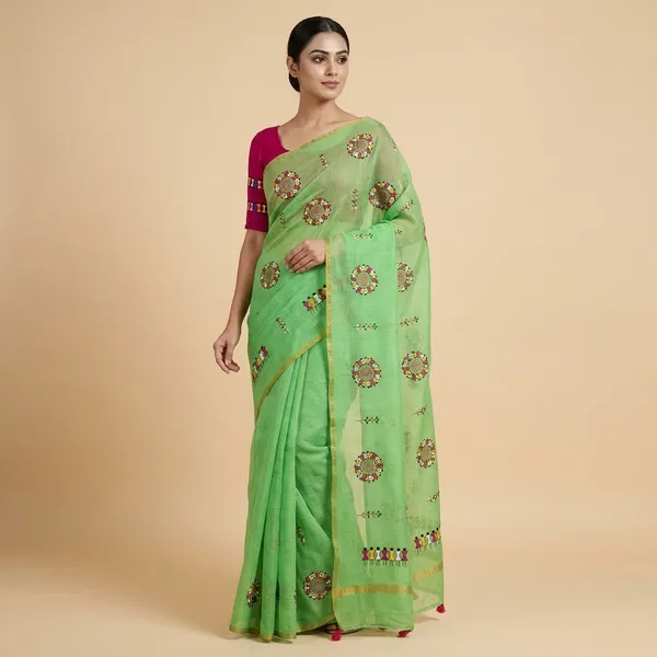 Green_Red_Kota_Chex_Warli_Embroidered_Zari_Border_Saree_For_Women