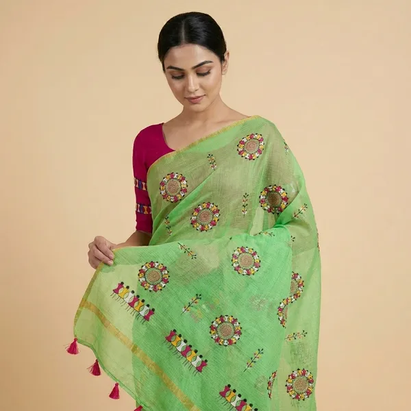 Green_Red_Kota_Chex_Warli_Embroidered_Zari_Border_Saree_For_Women
