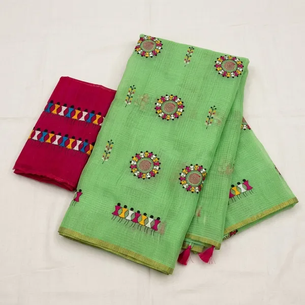 Green_Red_Kota_Chex_Warli_Embroidered_Zari_Border_Saree_For_Women