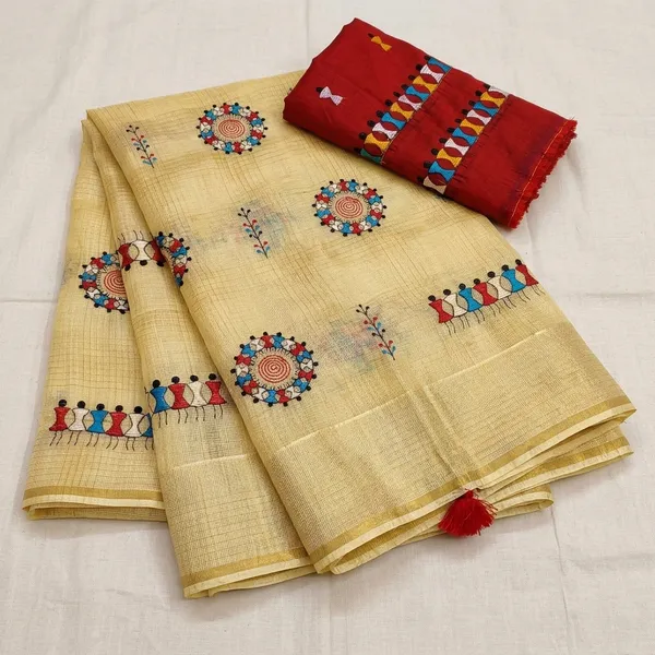 Yellow_Red_Kota_Chex_Warli_Embroidery_Zari_Border_Saree_For_Women