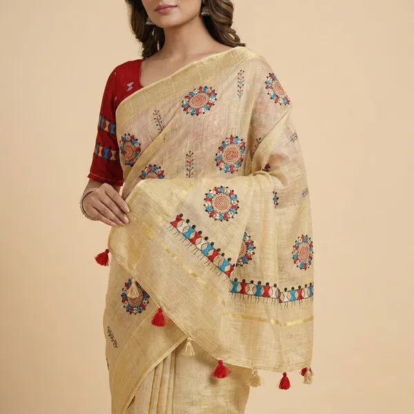 Yellow_Red_Kota_Chex_Warli_Embroidery_Zari_Border_Saree_For_Women