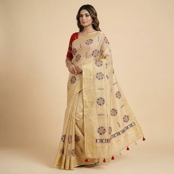 Yellow_Red_Kota_Chex_Warli_Embroidery_Zari_Border_Saree_For_Women