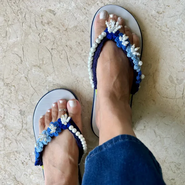 White_And_Blue_Synthetic_Crochet_Embellished_Flip_Flops_For_Women