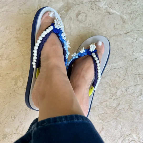 White_And_Blue_Synthetic_Crochet_Embellished_Flip_Flops_For_Women