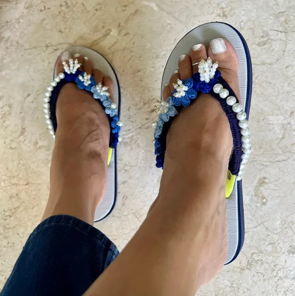 White_And_Blue_Synthetic_Crochet_Embellished_Flip_Flops_For_Women