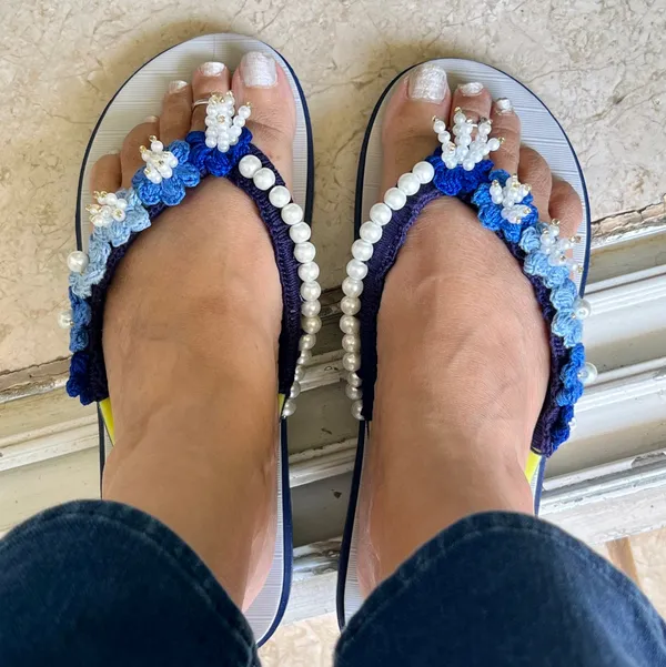 White_And_Blue_Synthetic_Crochet_Embellished_Flip_Flops_For_Women