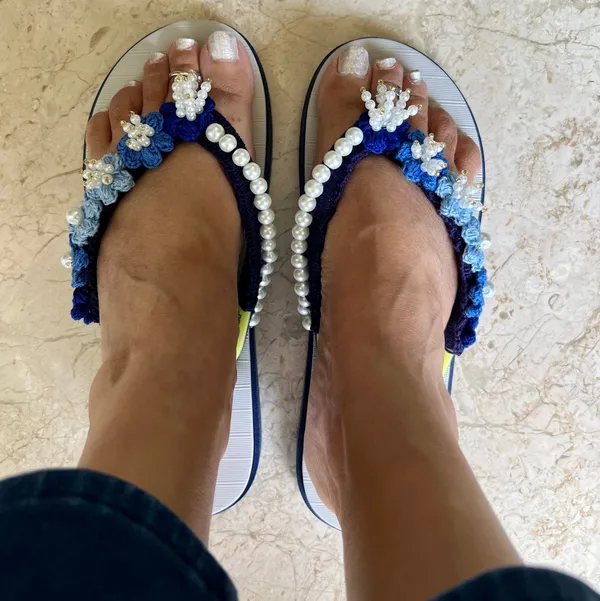 White_And_Blue_Synthetic_Crochet_Embellished_Flip_Flops_For_Women