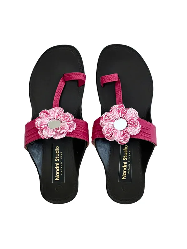 Dark_Pink_Synthetic_Crochet_Flower_Kolhapuri_Slippers_For_Women