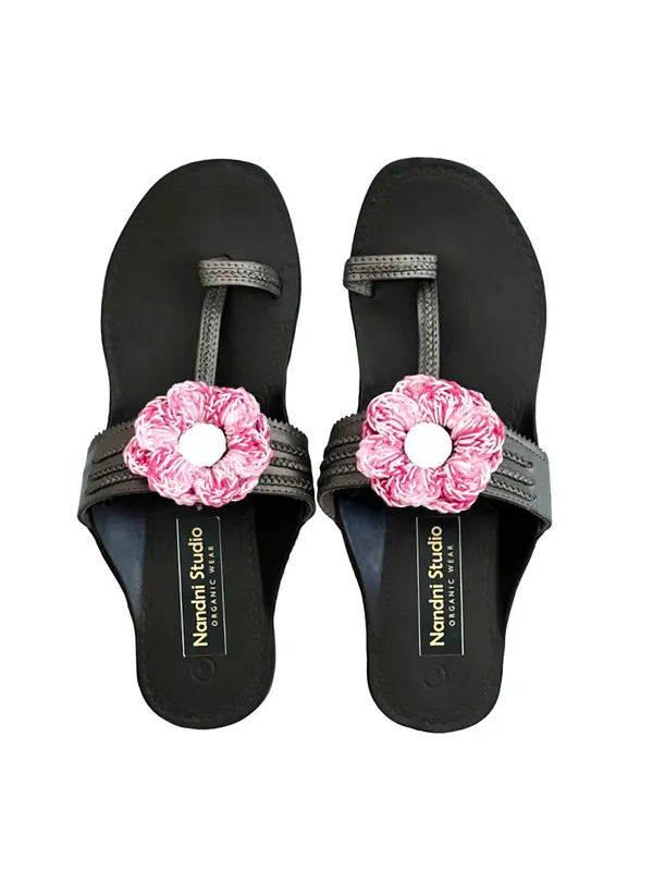 Antique_Silver_Grey_Synthetic_Crochet_Flower_Kolhapuri_Slippers_For_Women
