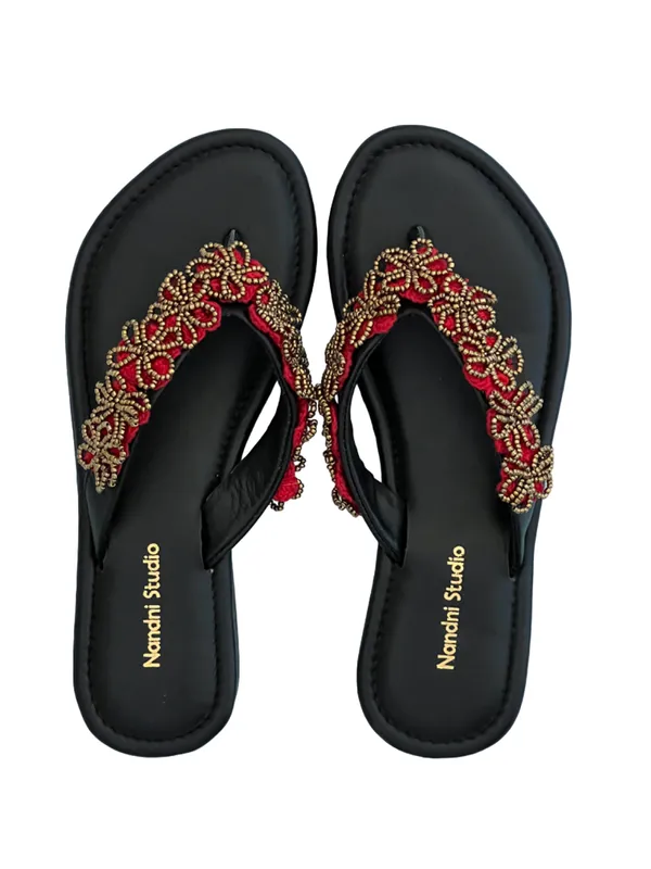 Black_Synthetic_V_Strap_Crochet_Bead_Flower_Flats_For_Women