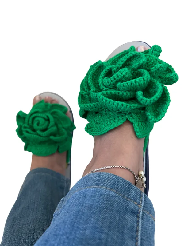 Grey_And_Green_Synthetic_Crochet_Flower_Flip_Flops_For_Women