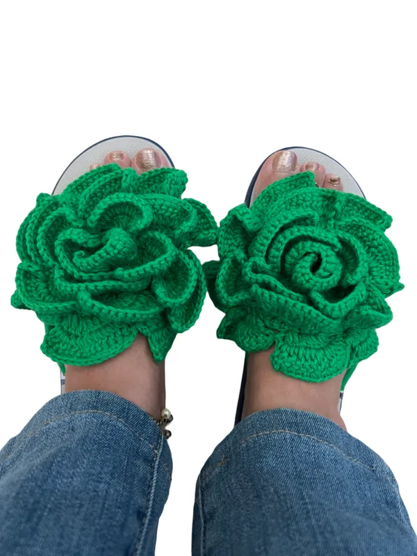 Grey_And_Green_Synthetic_Crochet_Flower_Flip_Flops_For_Women