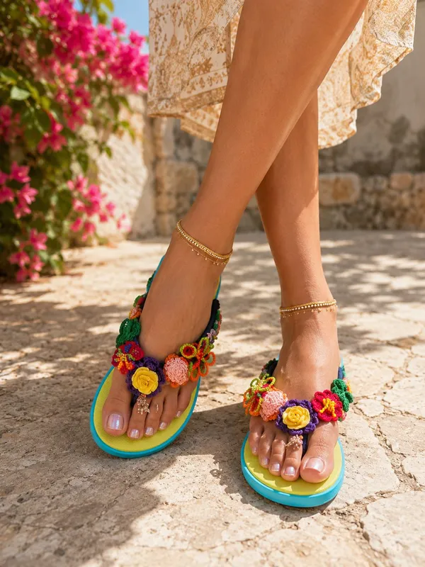 Lime_Green_Crochet_Bead_Flowers_Flip_Flops_For_Women