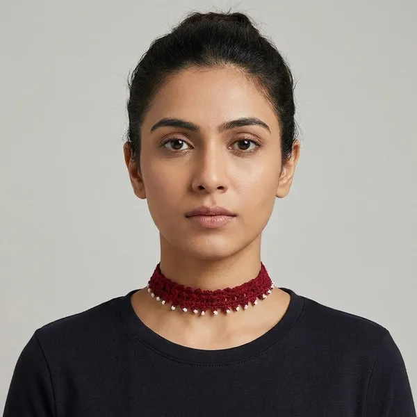 Maroon_And_Olive_Green_Crochet_Wool_White_Bead_Choker_Necklace_For_Women