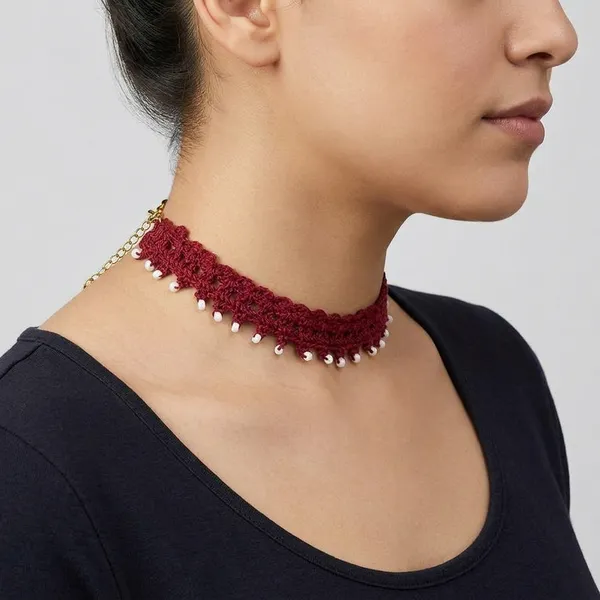 Maroon_And_Olive_Green_Crochet_Wool_White_Bead_Choker_Necklace_For_Women
