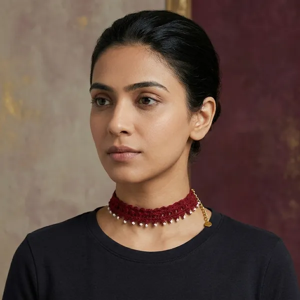 Maroon_And_Olive_Green_Crochet_Wool_White_Bead_Choker_Necklace_For_Women