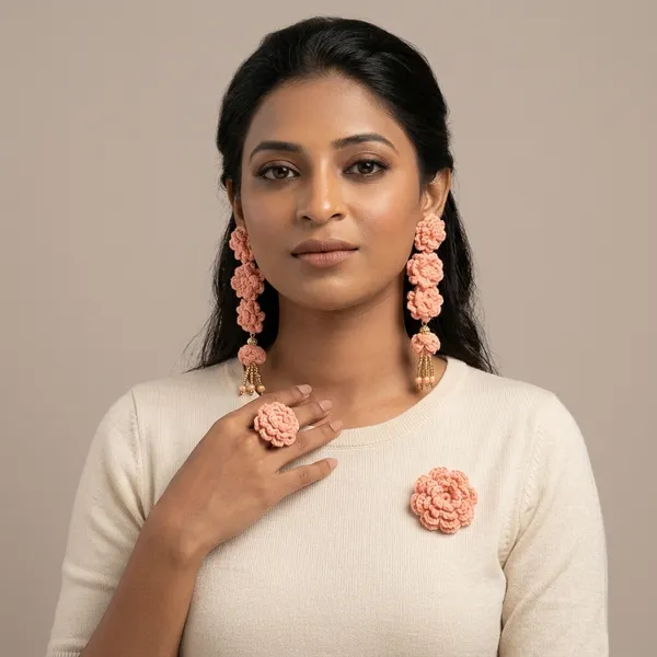 Peach_Crochet_Wool_Flower_Earring_Ring_Brooch_Set_For_Women