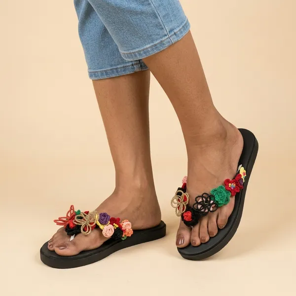 Black_Synthetic_Crochet_Bead_Flower_Flip_Flops_For_Women
