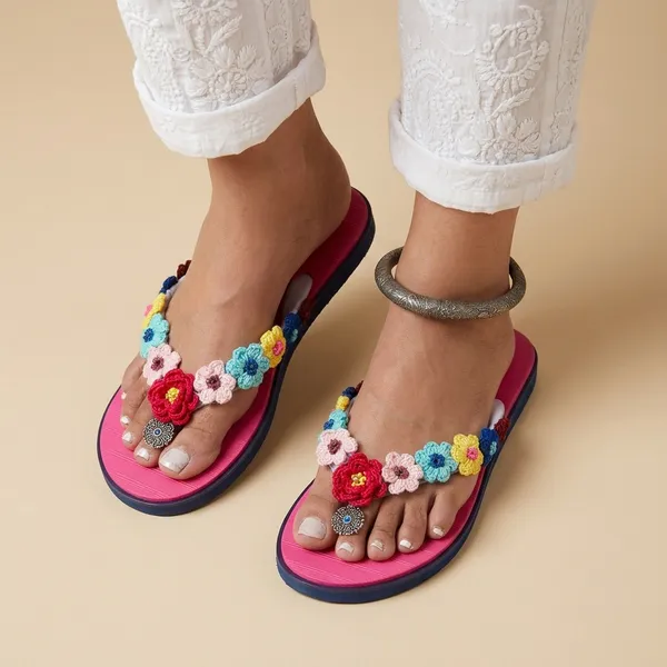 Pink_Synthetic_Crochet_Flower_Flip_Flops_For_Women