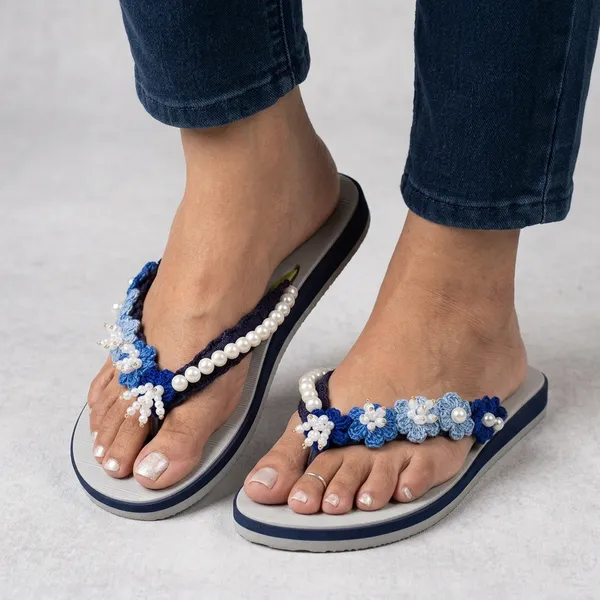 White_And_Blue_Synthetic_Crochet_Embellished_Flip_Flops_For_Women