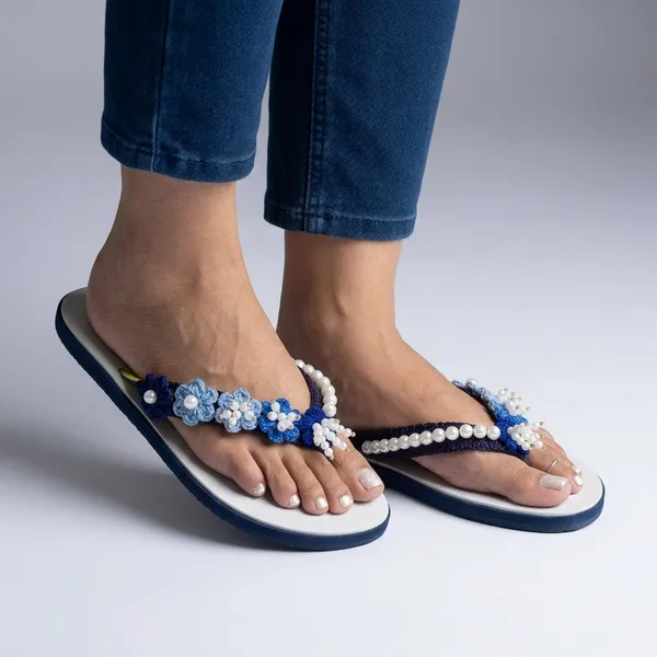 White_And_Blue_Synthetic_Crochet_Embellished_Flip_Flops_For_Women