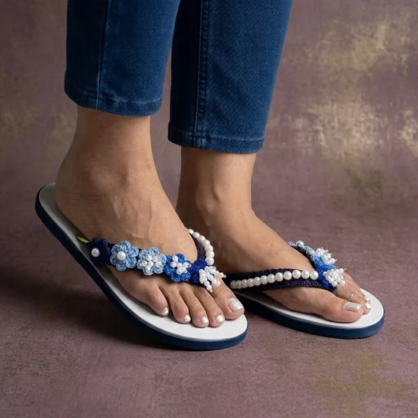 White_And_Blue_Synthetic_Crochet_Embellished_Flip_Flops_For_Women