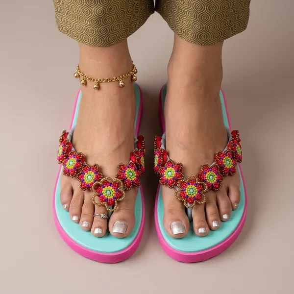Blue_And_Pink_Synthetic_Crochet_Bead_Flower_Flip_Flops_For_Women